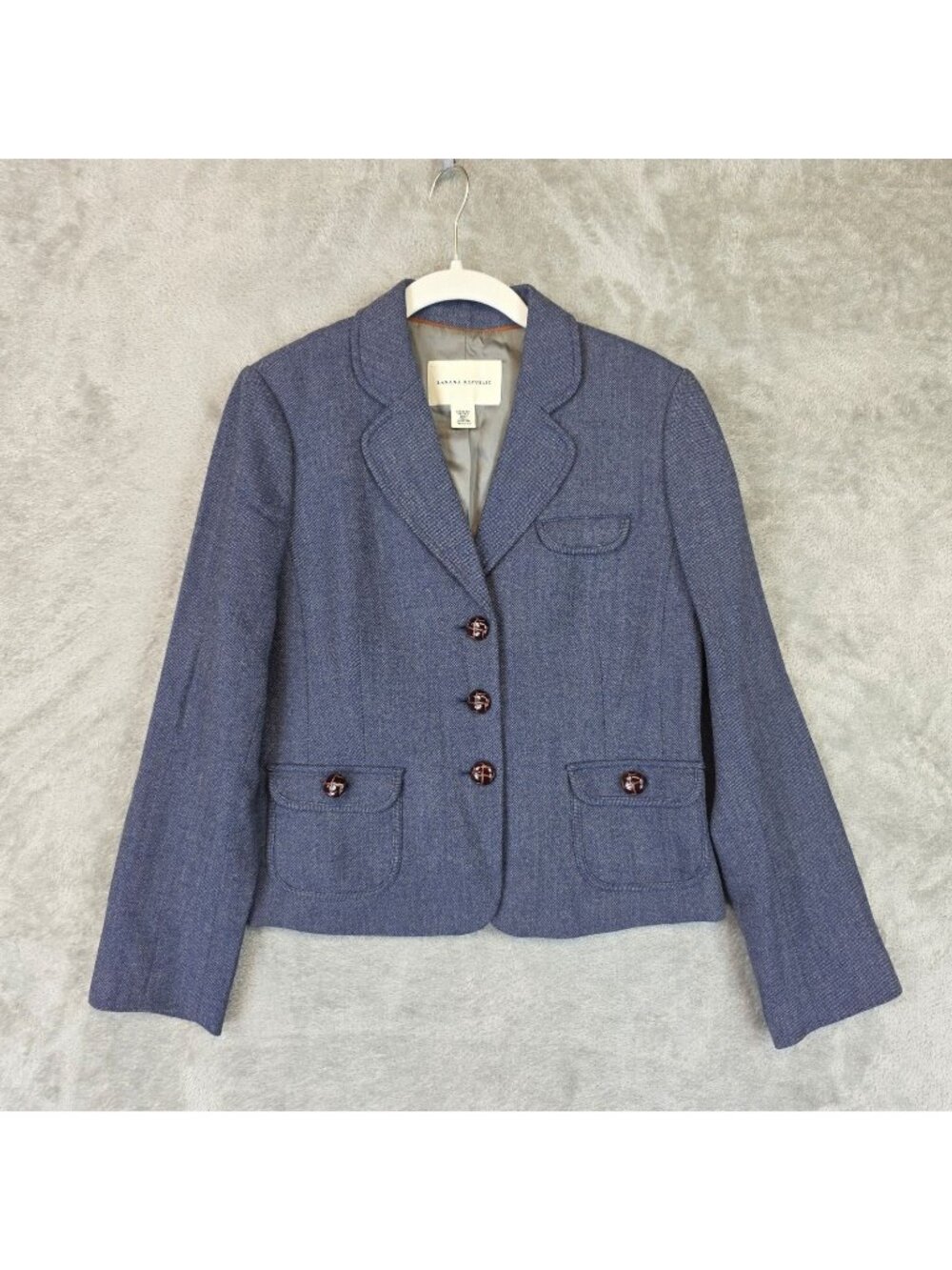 Banana Republic Blazer Womens 10P Blue Tweed Wool Blend 4 Button Lined Jacket